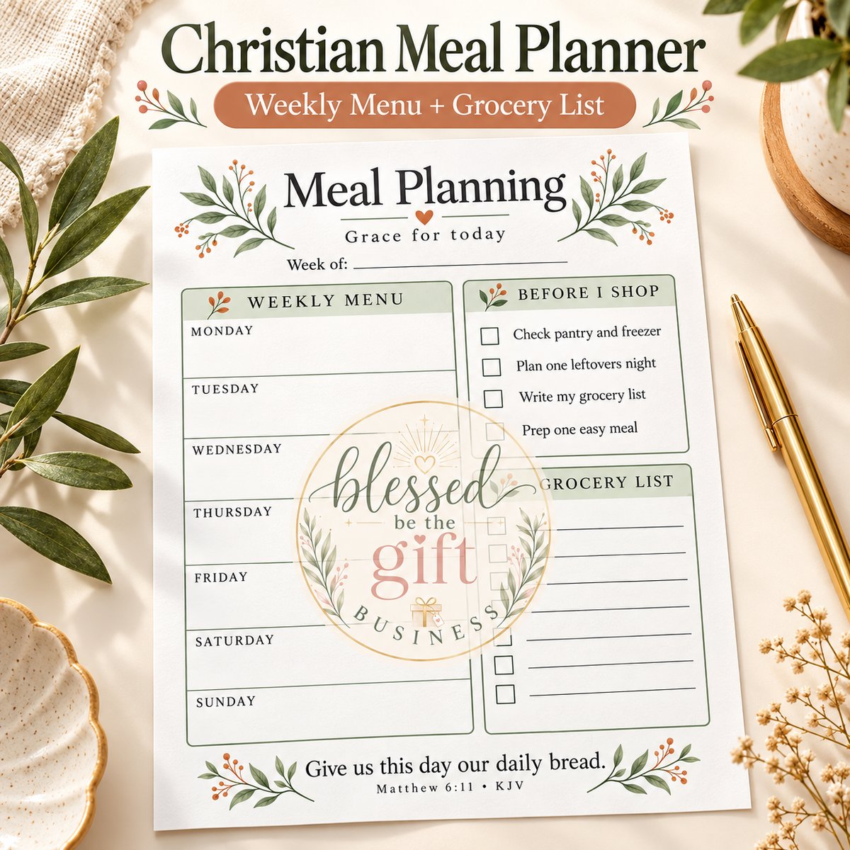 Christian Meal Planning Checklist Printable | Boho Weekly Menu & Grocery List