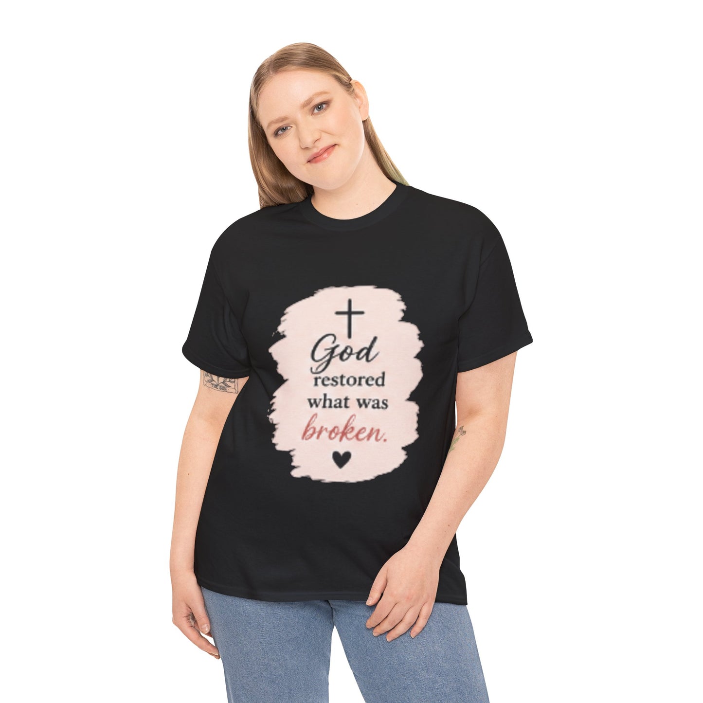 Christian Graphic Tee — "God Restored What Was Broken" Faith T-Shirt