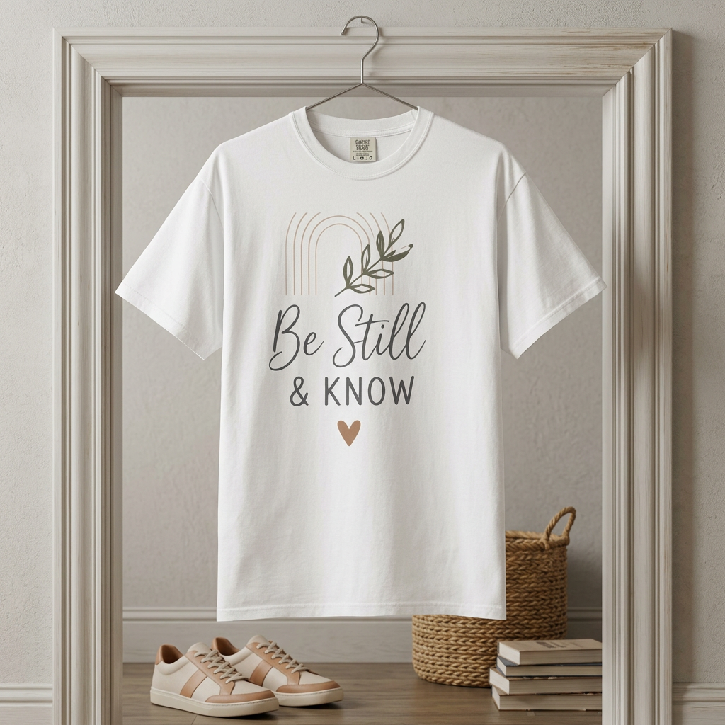 Be Still & Know T-Shirt | Minimal Script Leaf Heart