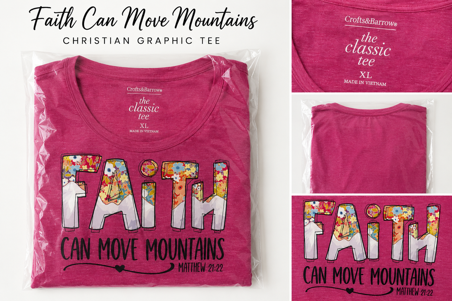 Faith Can Move Mountains Christian Graphic Tee XL | Floral Inspirational Shirt