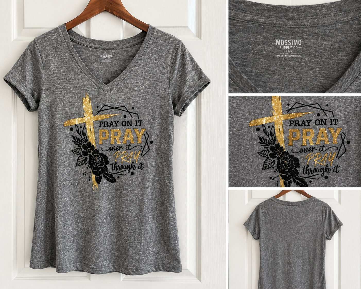 Pray On It Pray Over It Pray Through It Christian V-Neck Tee