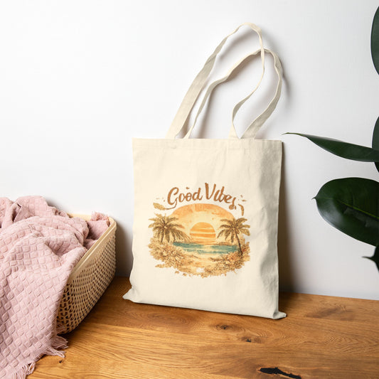 Good Vibes Beach Tote Bag — Retro Sunset Palm Canvas Tote