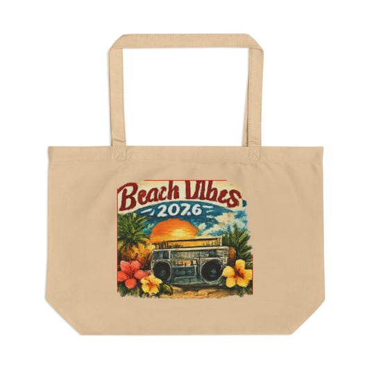 Beach Vibes 2026 Eco Tote — Large Reusable Beach Bag with Retro Boombox Design