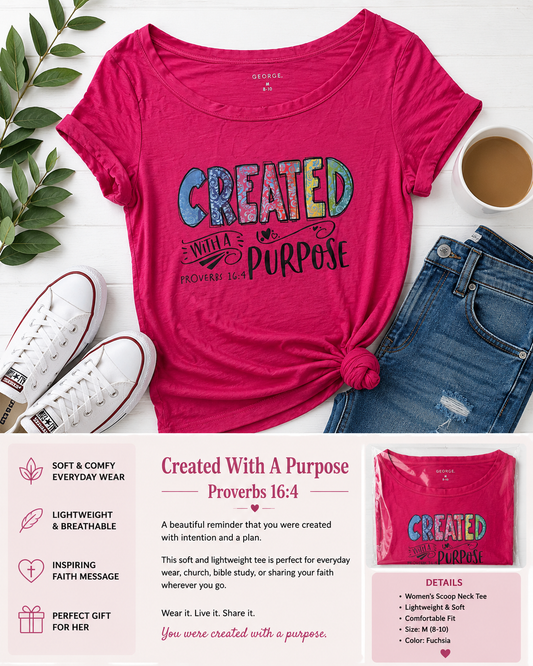 Created With A Purpose Christian Graphic Tee | Women’s Pink Faith Shirt Medium