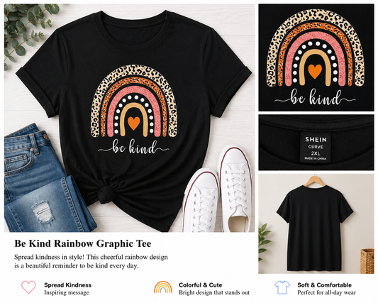 Be Kind Rainbow Graphic Tee | Leopard Print Rainbow Shirt | Inspirational Women's T-Shirt
