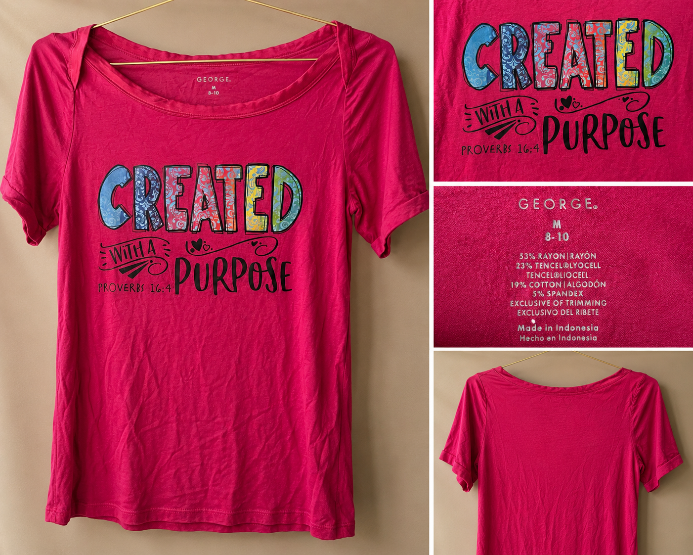 Created With A Purpose Christian Graphic Tee | Women’s Pink Faith Shirt Medium