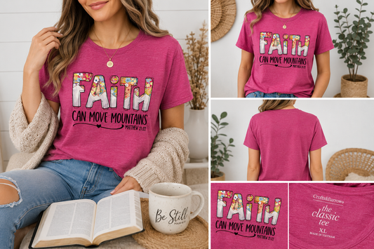 Faith Can Move Mountains Christian Graphic Tee XL | Floral Inspirational Shirt