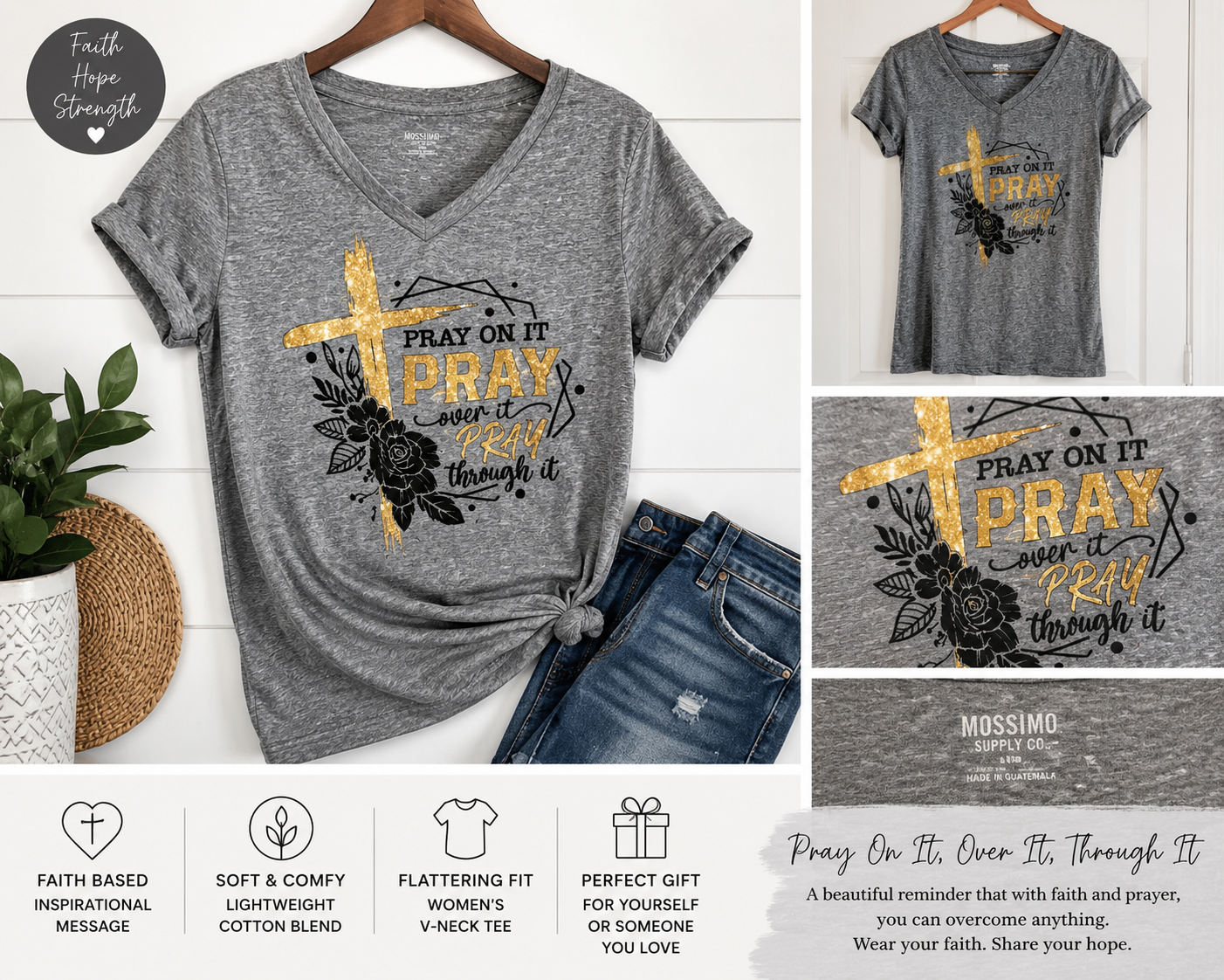 Pray On It Pray Over It Pray Through It Christian V-Neck Tee