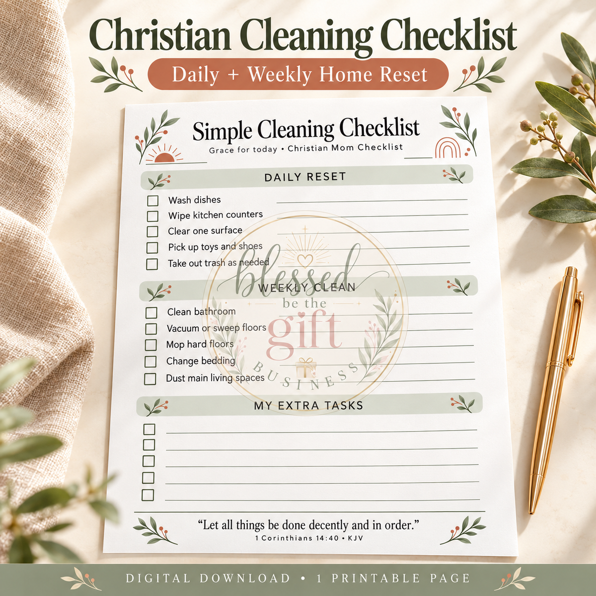 Christian Cleaning Checklist Printable | Daily & Weekly Home Reset