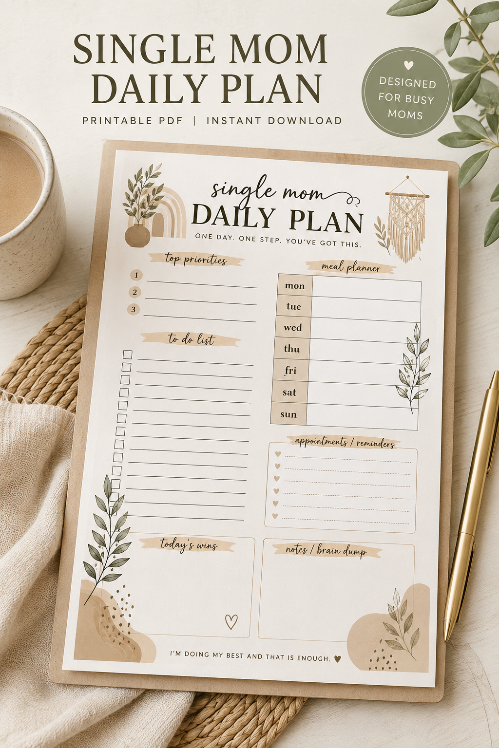 Single Mom Daily Plan Printable | Boho Christian Mom Planner PDF