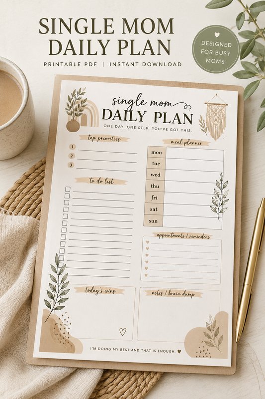 Single Mom Daily Plan Printable | Boho Christian Mom Planner PDF