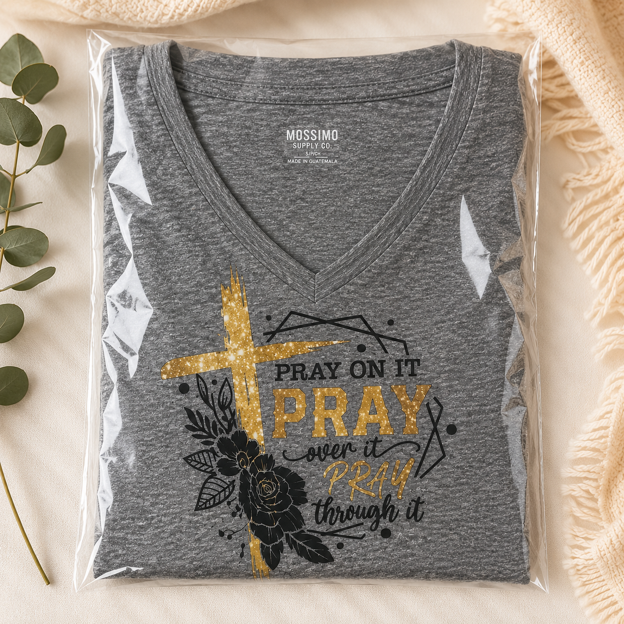 Pray On It Pray Over It Pray Through It Christian V-Neck Tee