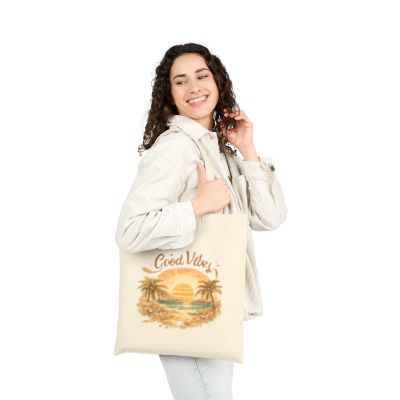 Good Vibes Beach Tote Bag — Retro Sunset Palm Canvas Tote
