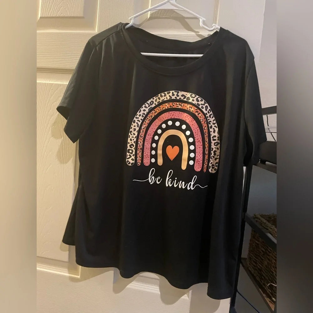 Be Kind Rainbow Graphic Tee | Leopard Print Rainbow Shirt | Inspirational Women's T-Shirt