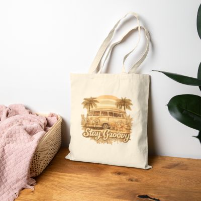 Stay Groovy Canvas Tote — Retro VW Bus Beach Tote Bag